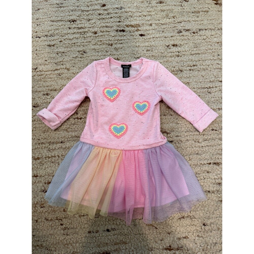 Zunie Girls 2T Pink Rainbow Tulle Tutu Dress Crochet Hearts Long Sleeve